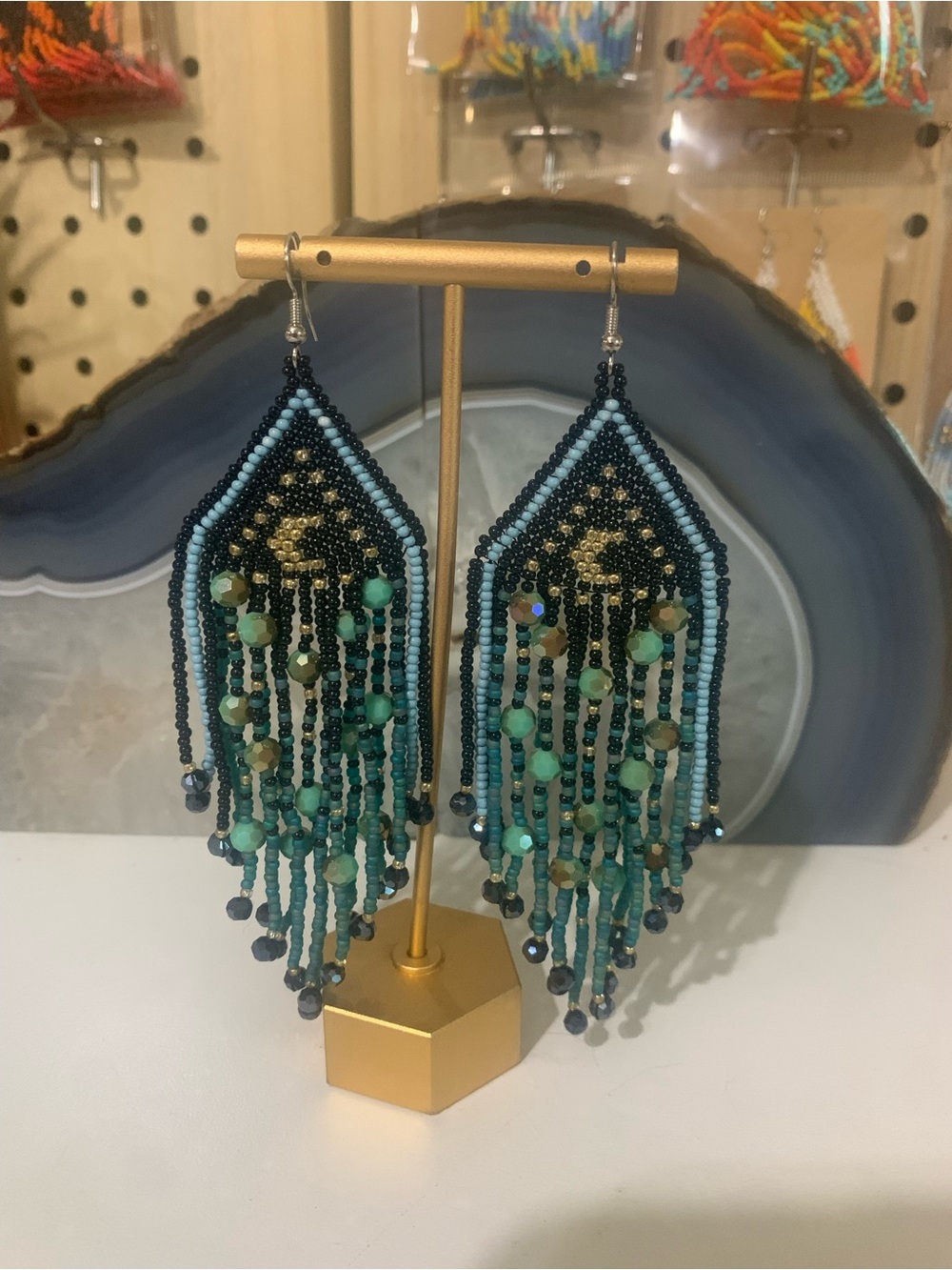 Turquoise & Black Beaded Fringe Earrings - Artisan Style